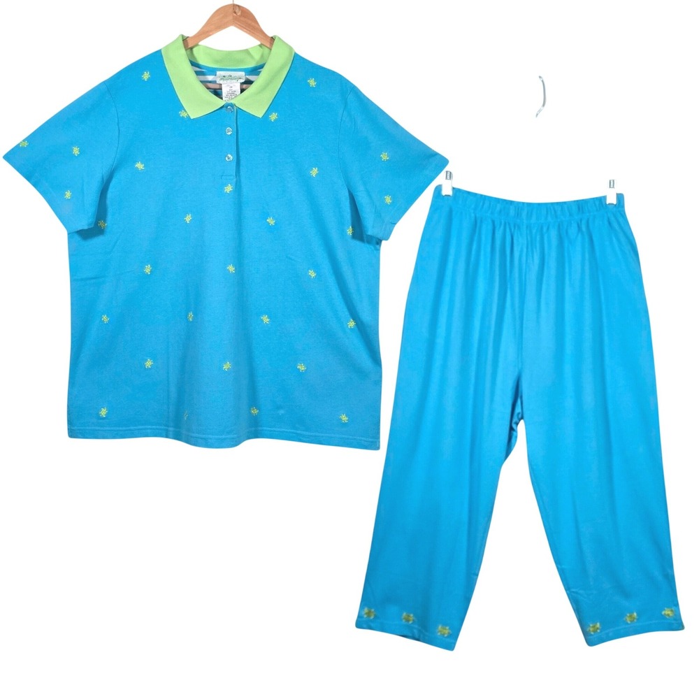 The Quacker Factory 2pc Set Womens 2X Blue Turtle Embroidered Polo Capri Pants